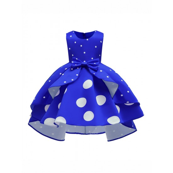 Girls Kids Bow Polka Dot Ruffle Sleeveless Princess Dress