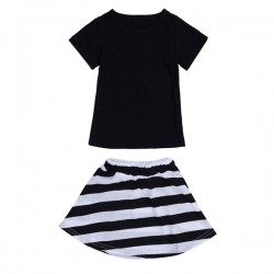 2015 Toddlers Kids Baby Girls Short Sleeve T  shirt Top Black White Stripe Skirt Dress