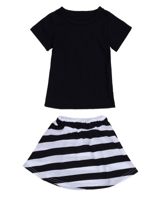 2015 Toddlers Kids Baby Girls Short Sleeve T  shirt Top Black White Stripe Skirt Dress