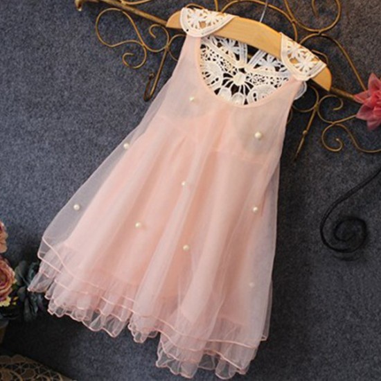 Girls Children Pearls Lace Stitching O  neck Knee Length Princess Dress