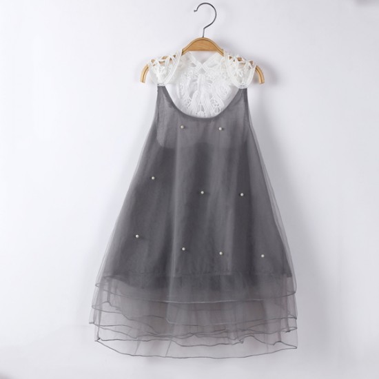 Girls Children Pearls Lace Stitching O  neck Knee Length Princess Dress