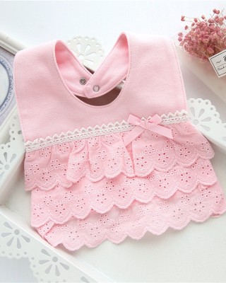 Baby Girl Waterproof Bib Multilayer Cutout Snap Design Princess Rice Pocket  Pink