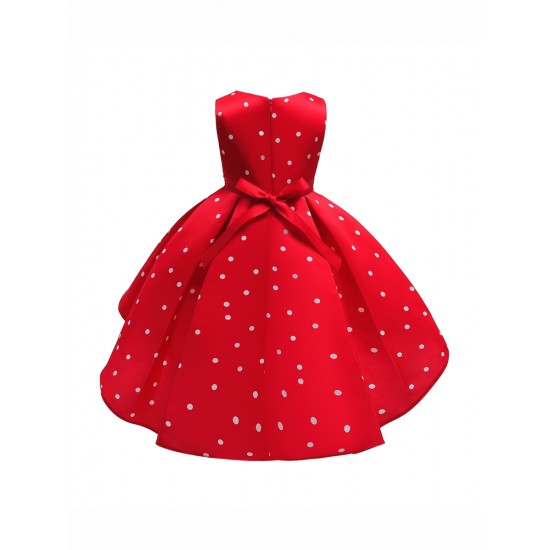 Girls Kids Bow Polka Dot Ruffle Sleeveless Princess Dress