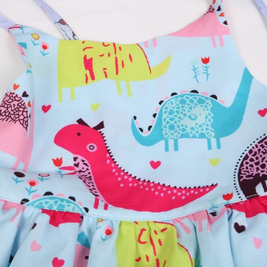 Summer Clothing Cartoon Dinosaur Printed Cotton Sleeveless Girls Dress