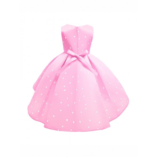 Girls Kids Bow Polka Dot Ruffle Sleeveless Princess Dress